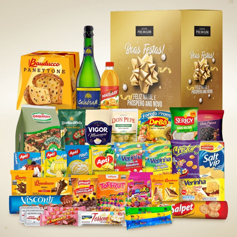 cesta de natal para empresas com panettone bauducco e itens selecionados.