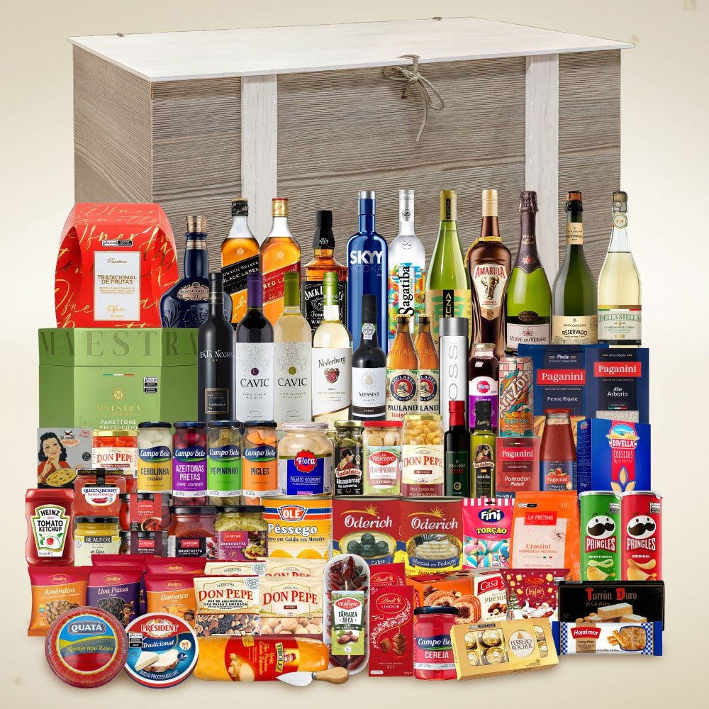 Cesta de Natal Premium 1 em baú de madeira com 2 panettones e itens natalinos para empresas