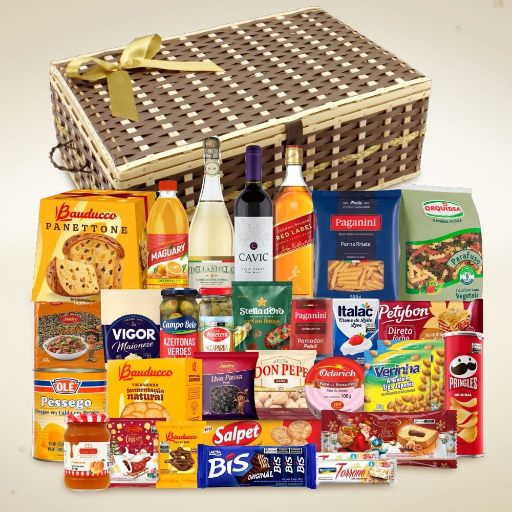 Cesta de Natal Premium 6 em caixa de vime com panettone Bauducco e itens natalinos para empresas