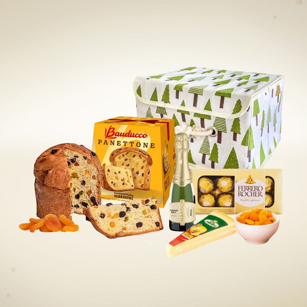 Kit de Natal com cesta organizadora, espumante Chandon e panettone Bauducco de frutas cristalizadas