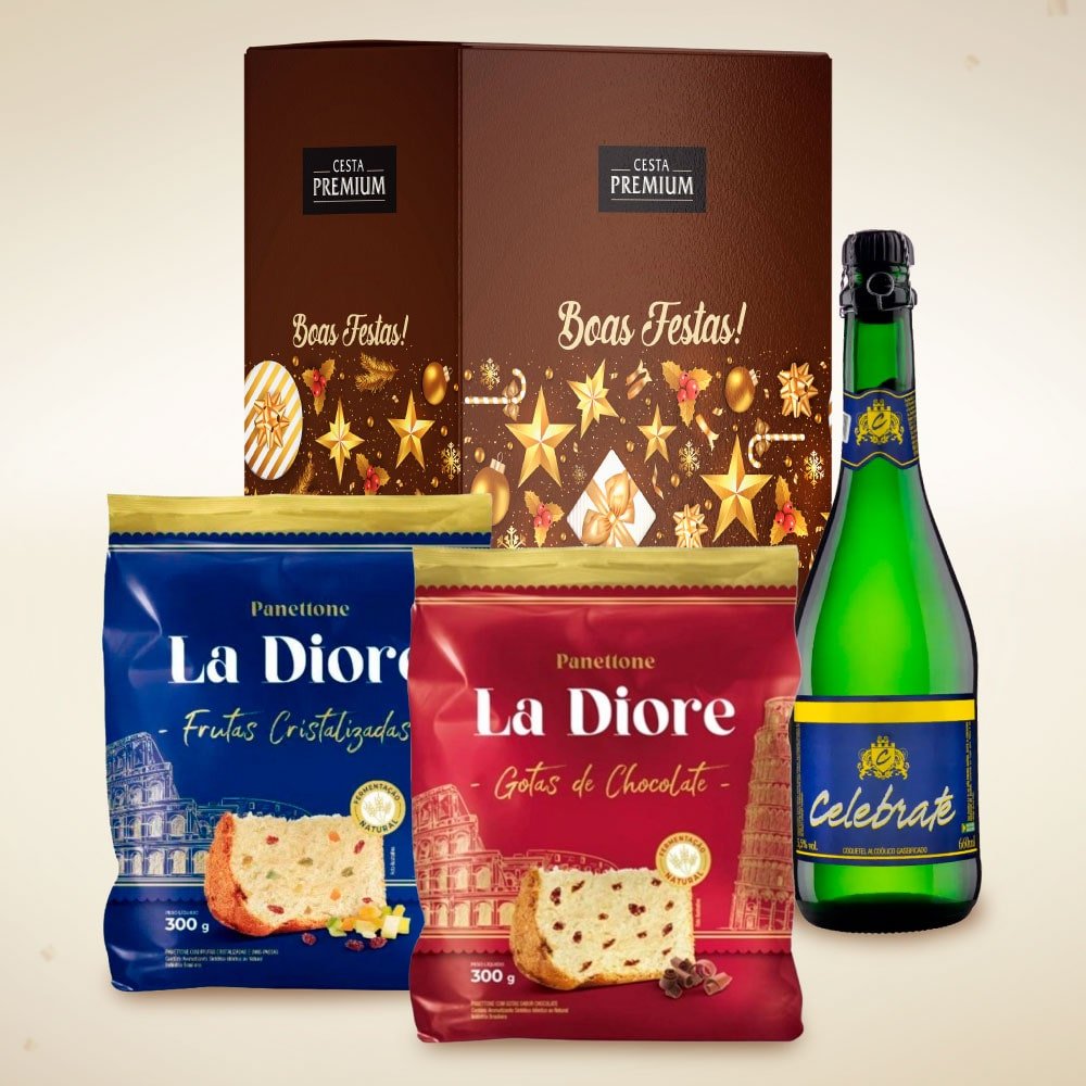 Cesta de Natal com 1 Panettone de Frutas, 1 Panettone de Chocolate e Espumante